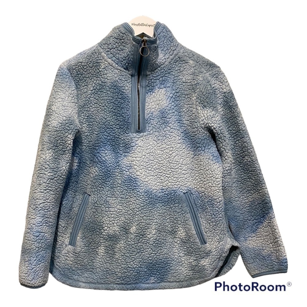 HALCYON Tye dye blue Sherpa pullover sweater with kangaroo pockets & 1/4 zip M